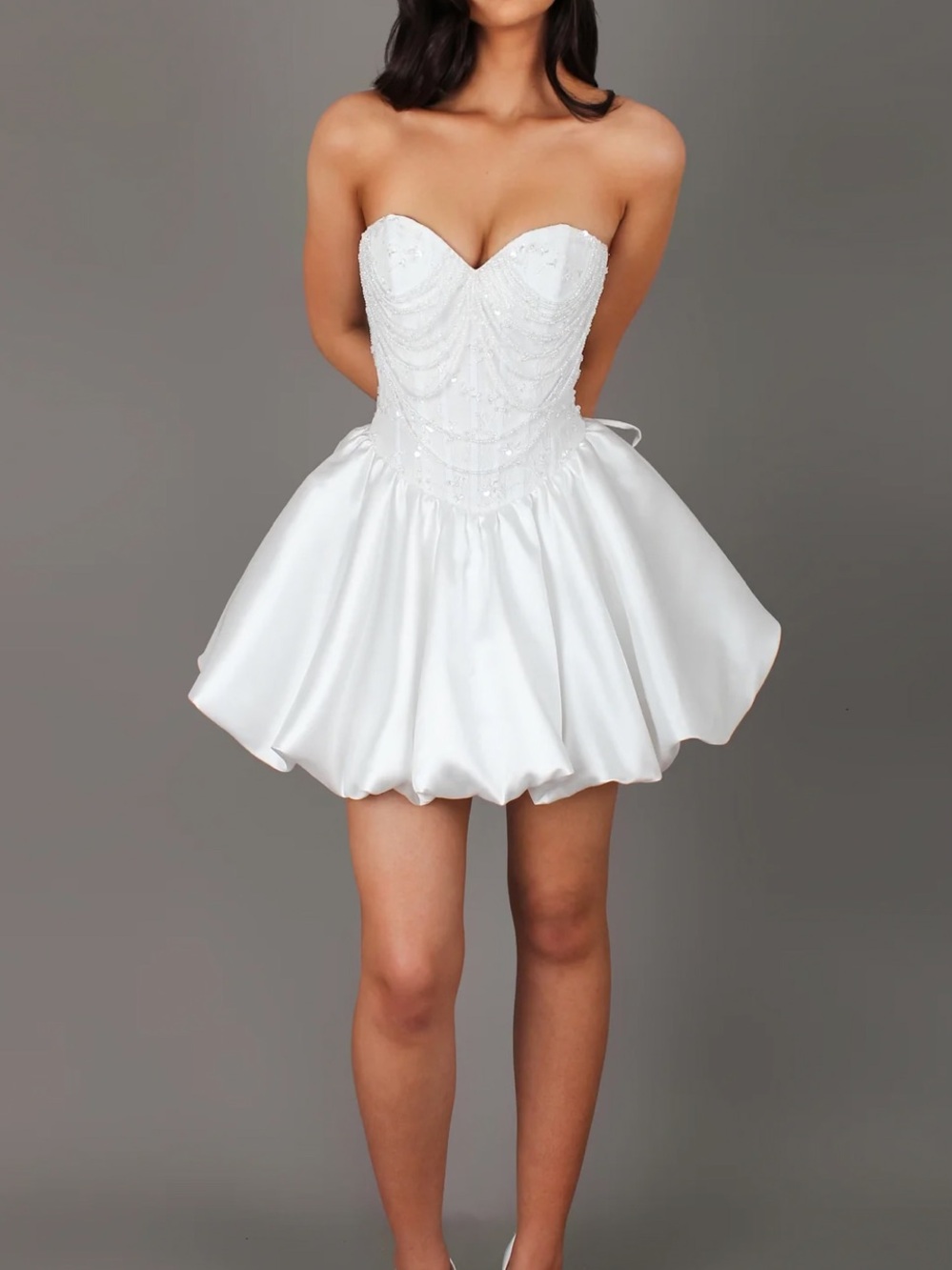 Strapless White Satin Beaded Bridal Mini Wedding Dress
